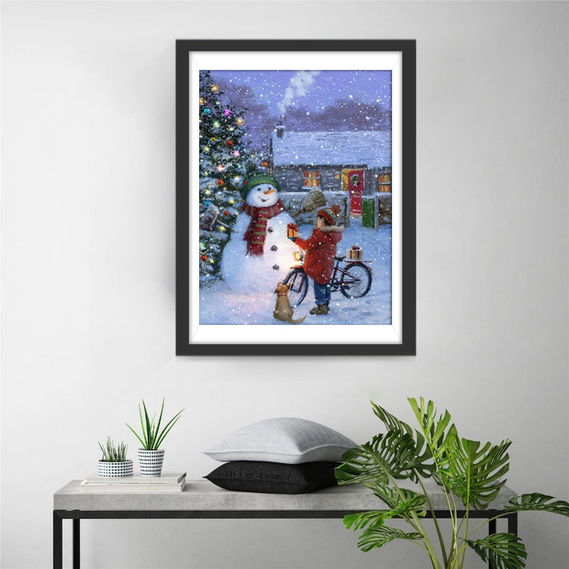 Enfant à Vélo et le Bonhomme de Neige Broderie Diamant