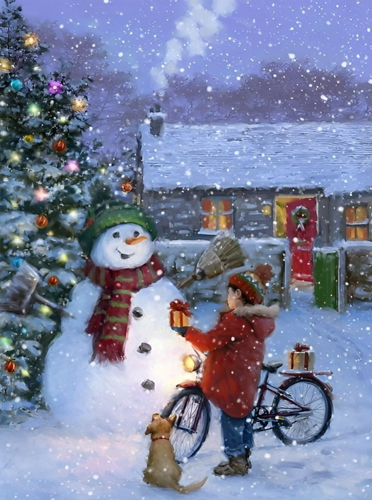 Enfant à Vélo et le Bonhomme de Neige Broderie Diamant