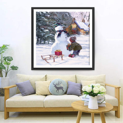 Enfant Adorable et Bonhomme de Neige Broderie Diamant