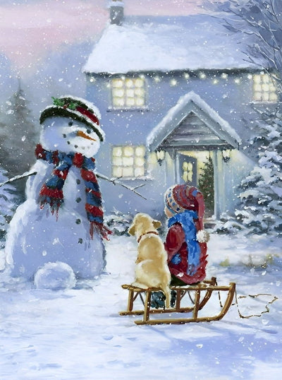 Enfant et Chien Assis Broderie Diamant