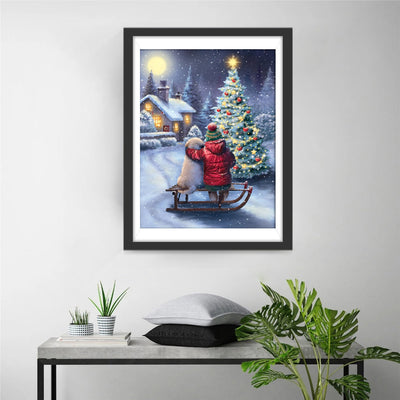 Enfant et Petit Golden Retriever Noël Fête Broderie Diamant