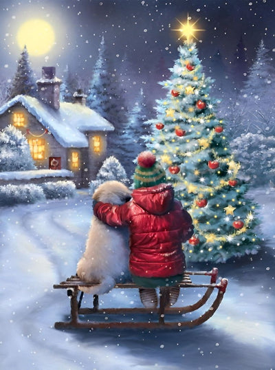 Enfant et Petit Golden Retriever Noël Fête Broderie Diamant
