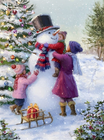 Enfants Jouent avec le Bonhomme de Neige Broderie Diamant