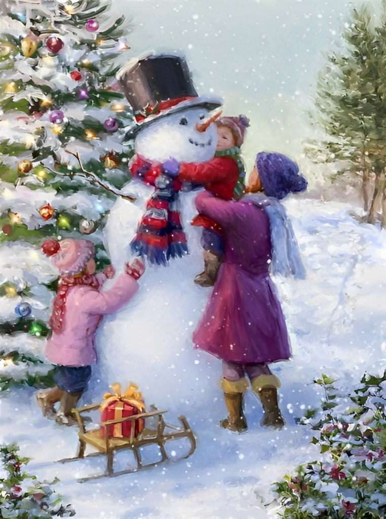 Enfants Jouent avec le Bonhomme de Neige Broderie Diamant