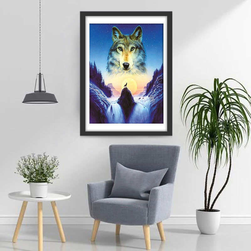 Énorme Tête de Loup au-dessus de la Cascade Broderie Diamant