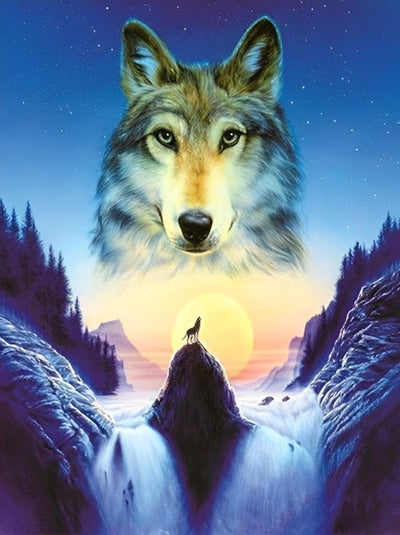 Énorme Tête de Loup au-dessus de la Cascade Broderie Diamant
