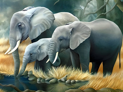 Famille d'Éléphants Buvant de l'Eau Broderie Diamant
