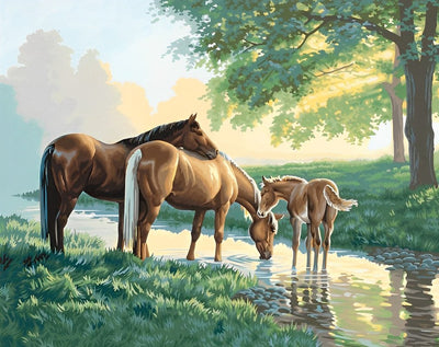 Famille de Chevaux et le Ruisseau Broderie Diamant