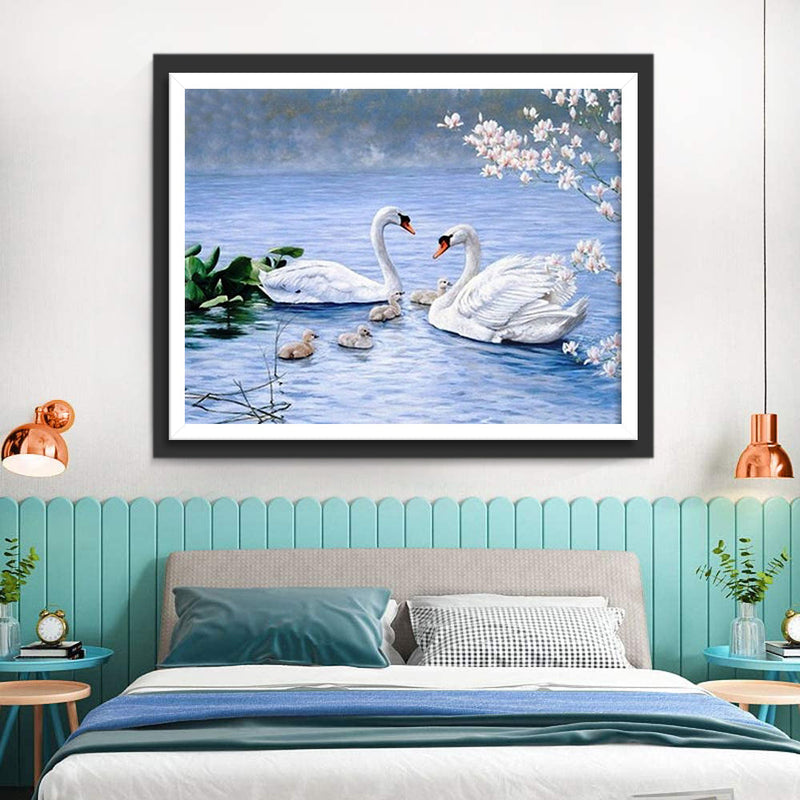 Famille de Cygne et les Fleurs Broderie Diamant
