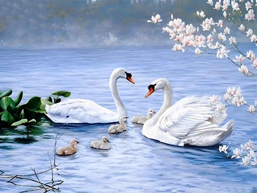Famille de Cygne et les Fleurs Broderie Diamant