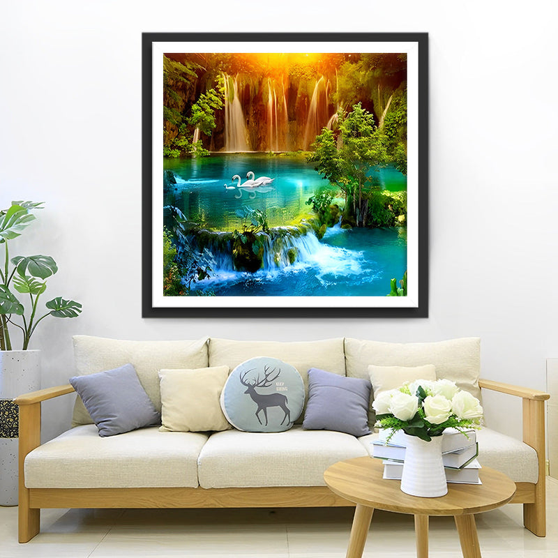 Famille de Cygnes er Forêt Paysage Broderie Diamant