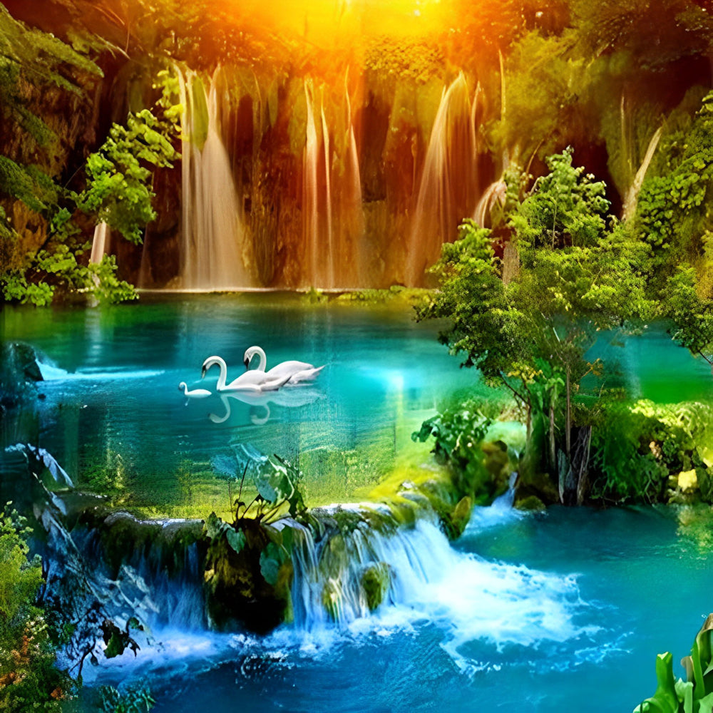 Famille de Cygnes er Forêt Paysage Broderie Diamant