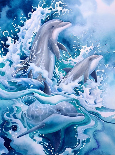 Famille de Dauphins Jouant Broderie Diamant