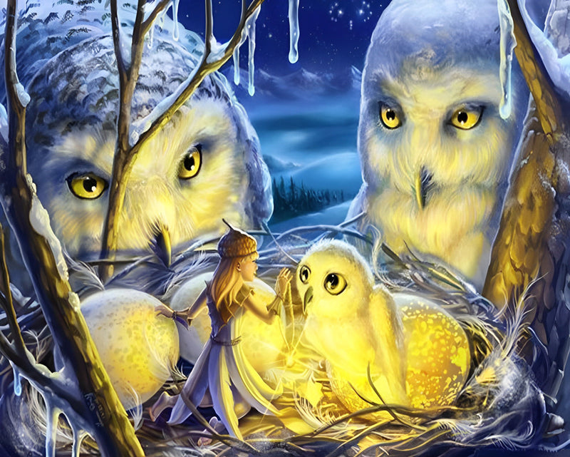 Famille de Hibou Chouettes Harfangs et Petite Fée Broderie Diamant
