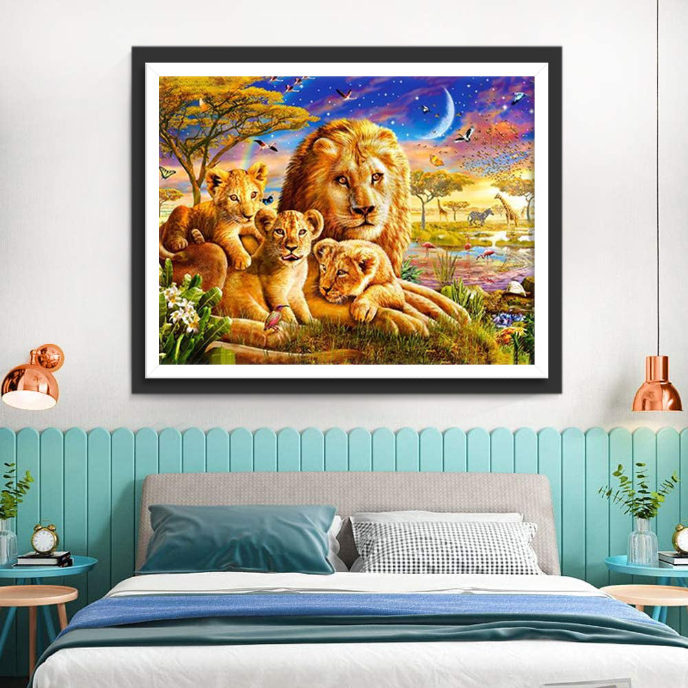 Famille de Lion, Lune et Arc-en-Ciel Broderie Diamant