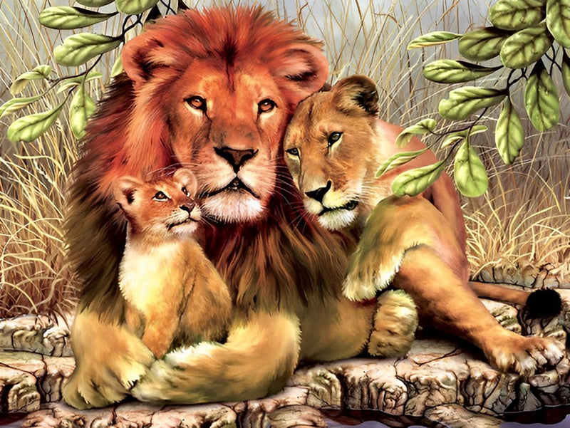 Famille de Trois Lions Broderie Diamant