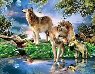 Famille de Trois Loups au Bord du Lac Broderie Diamant