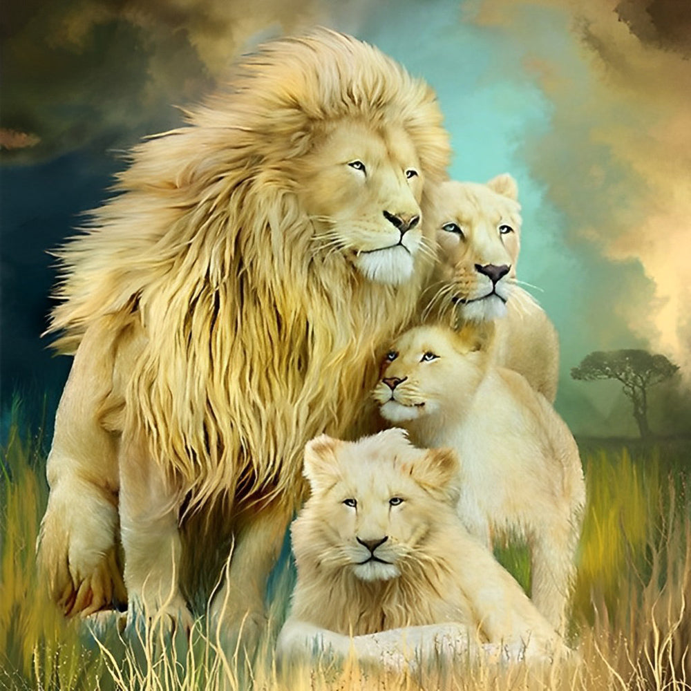 Famille des Lions sur la Steppe Broderie Diamant