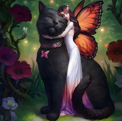 Fée Papillon et Grand Chat Noir Broderie Diamant