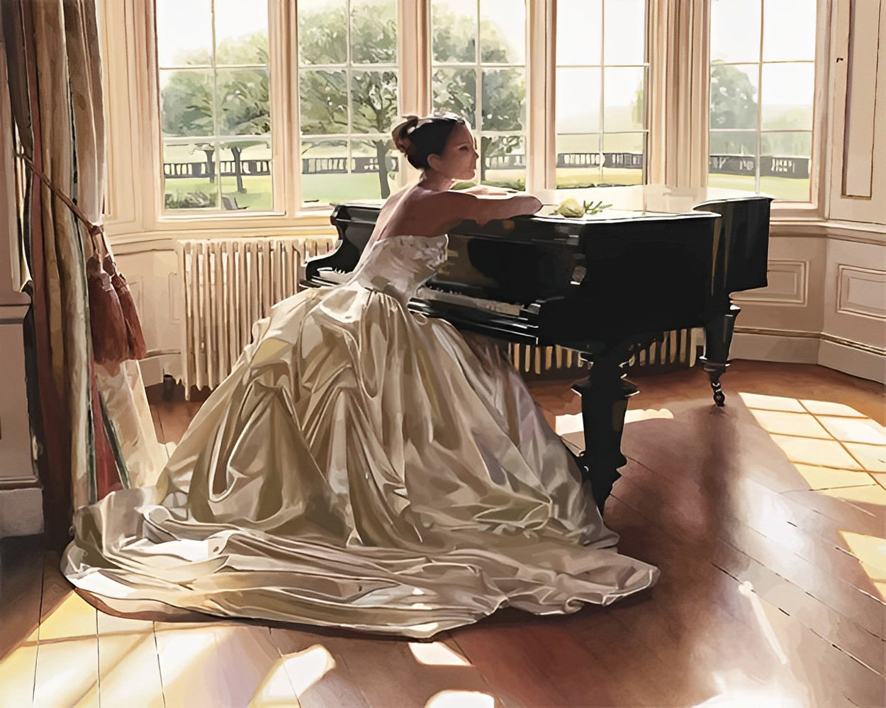 Femme au Piano en Robe Blanche Broderie Diamant