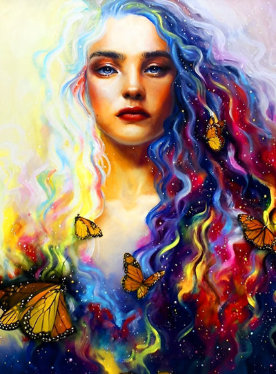 Femme aux Cheveux Multicolores et Papillons Broderie Diamant