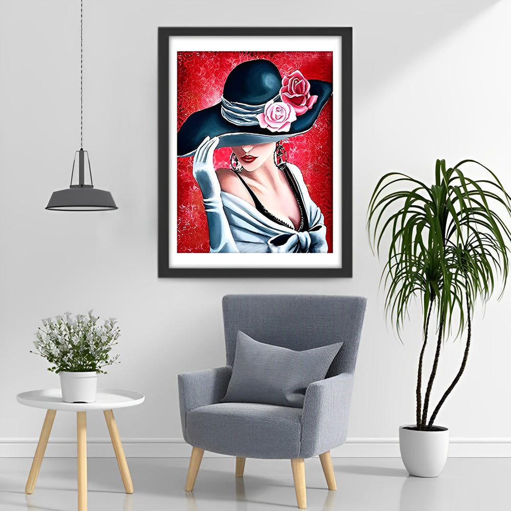 Femme Elégante avec un Chapeau de Rose Broderie Diamant