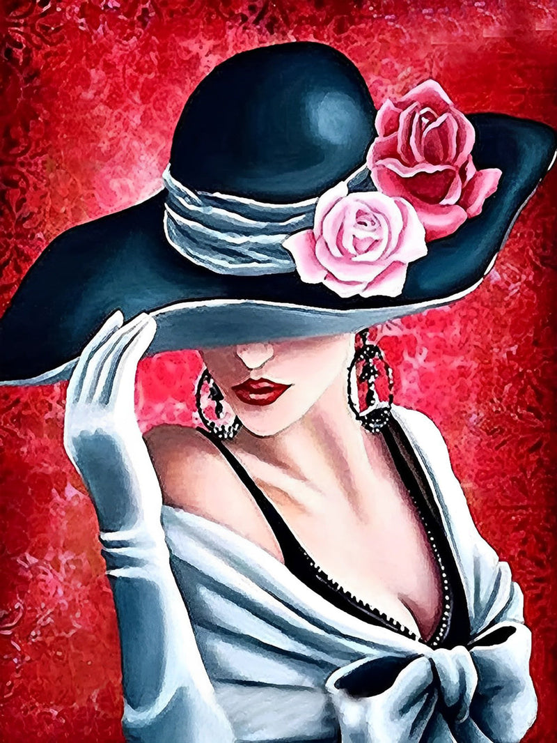Femme Elégante avec un Chapeau de Rose Broderie Diamant