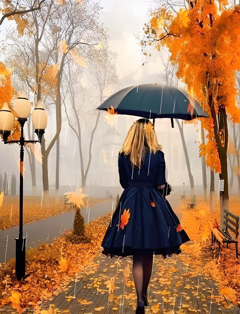 Femme en Noir avec un Parapluie en Automne Broderie Diamant