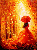 Femme en Robe Rouge et Parapluie Rouge Broderie Diamant