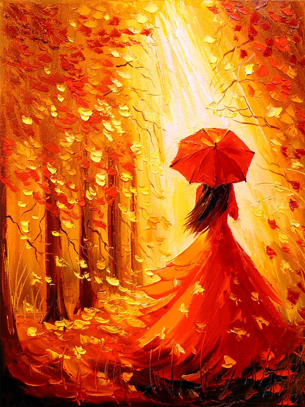 Femme en Robe Rouge et Parapluie Rouge Broderie Diamant