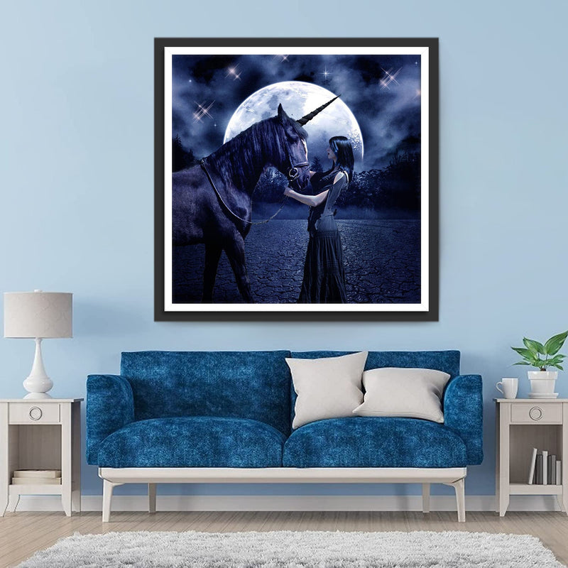 Femme et Licorne Noires Broderie Diamant