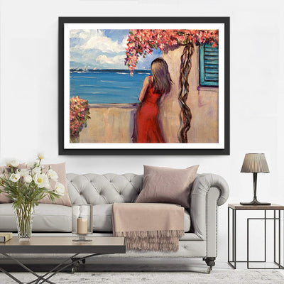 Femme sur la Terrasse au Bord de la Mer Broderie Diamant