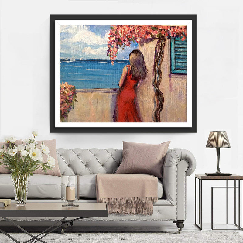 Femme sur la Terrasse au Bord de la Mer Broderie Diamant