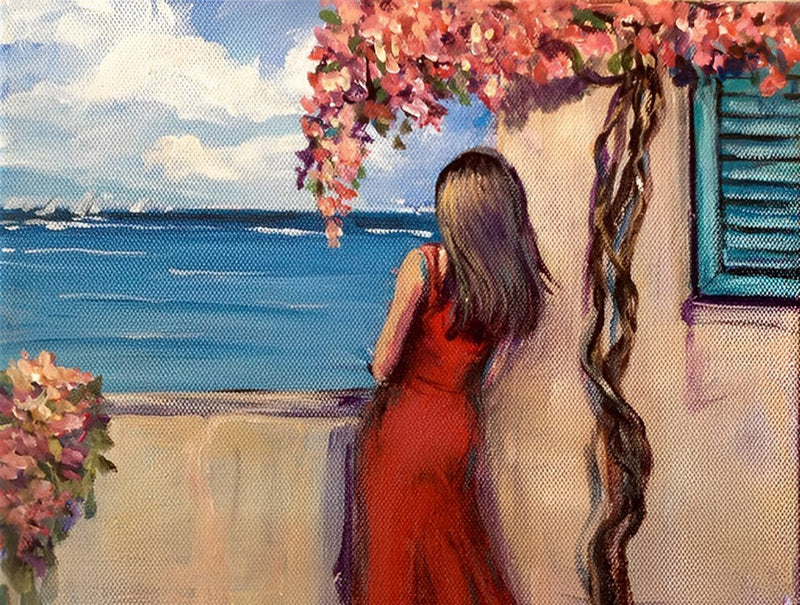 Femme sur la Terrasse au Bord de la Mer Broderie Diamant