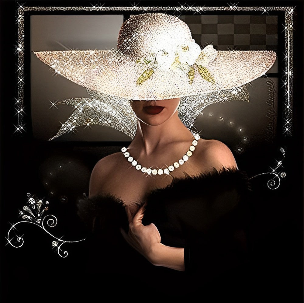 Fille avec un Chapeau Blanc Broderie Diamant
