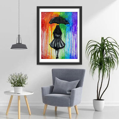 Fille avec un Parapluie et la Pluie Multicolore Broderie Diamant