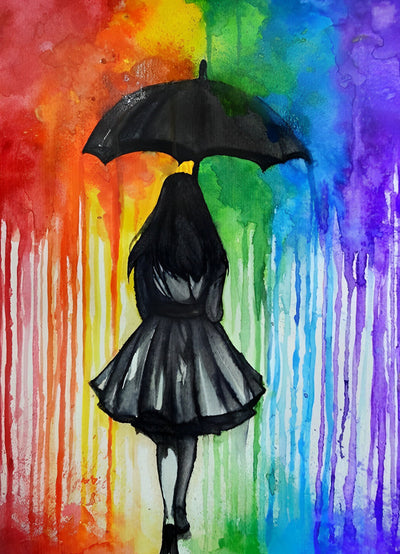 Fille avec un Parapluie et la Pluie Multicolore Broderie Diamant