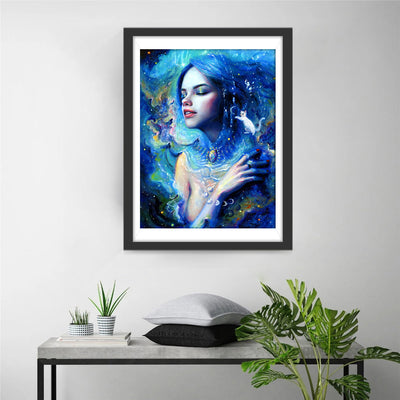 Fille en Bleu et Chaton Blanc Broderie Diamant