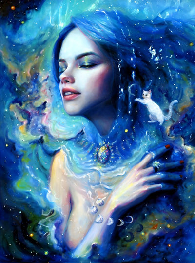 Fille en Bleu et Chaton Blanc Broderie Diamant