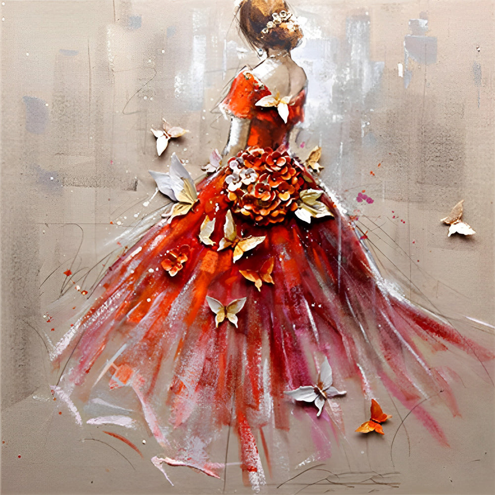 Fille en Robe Rouge et les Papillons Broderie Diamant
