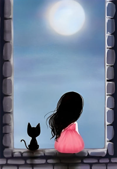 Fille et Chat Broderie Diamant