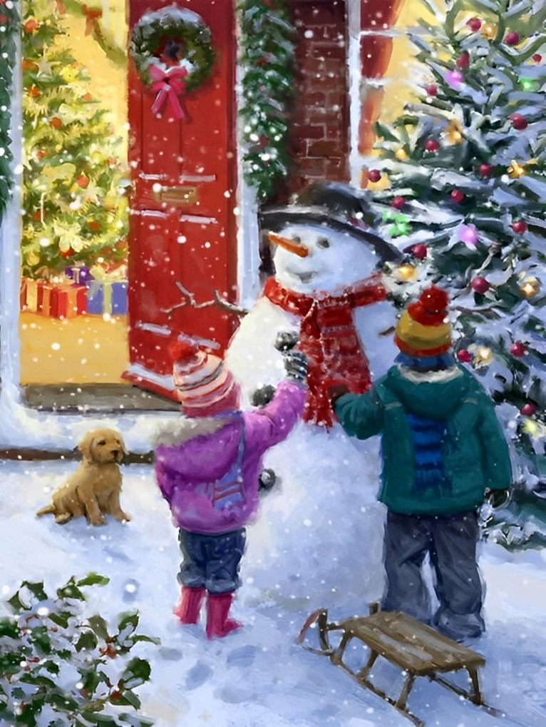 Fille et Garçon Caressant le Bonhomme de Neige Broderie Diamant