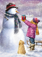 Fille Offrant des Cadeaux au Bonhomme de Neige Broderie Diamant