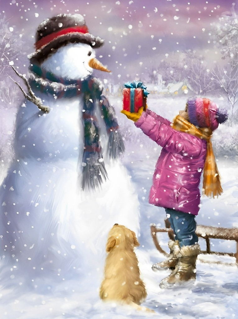 Fille Offrant des Cadeaux au Bonhomme de Neige Broderie Diamant