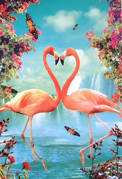 Flamants et Chute avec des Fleurs Broderie Diamant