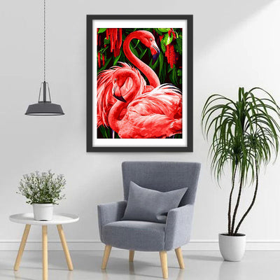 Flamants et Plantes Rouges et Vertes Broderie Diamant