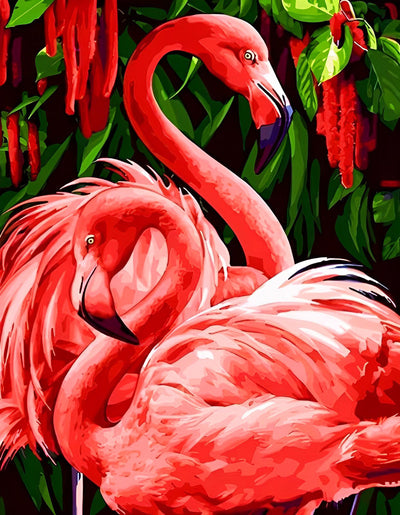 Flamants et Plantes Rouges et Vertes Broderie Diamant