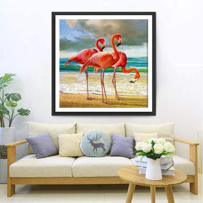 Flamants sur la Plage de la Mer Broderie Diamant