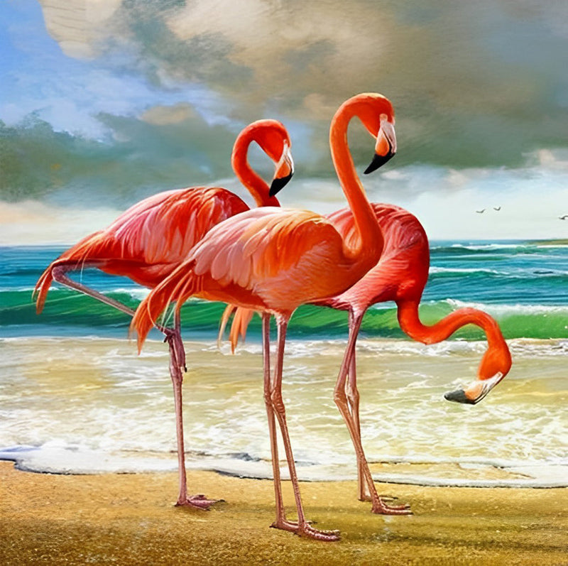 Flamants sur la Plage de la Mer Broderie Diamant