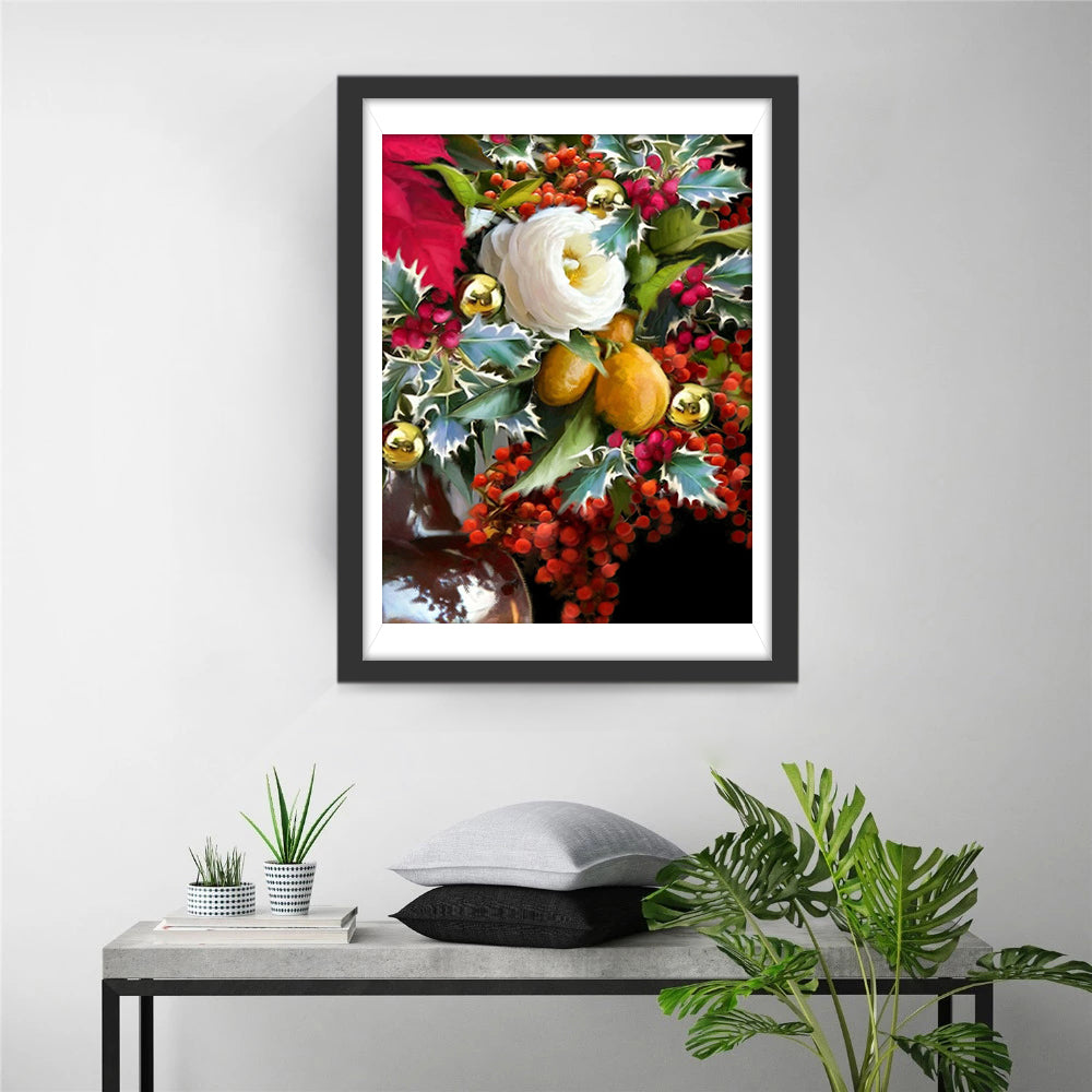 Fleur Blanche et Petits Fruits Rouges Broderie Diamant